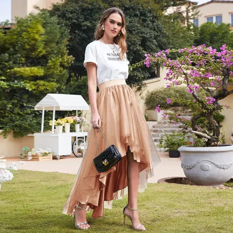 Women Irregular High Low Tulle Skirt Elastic High Waist Mesh Layered Maxi Skirt for Photography Party Daily Wear