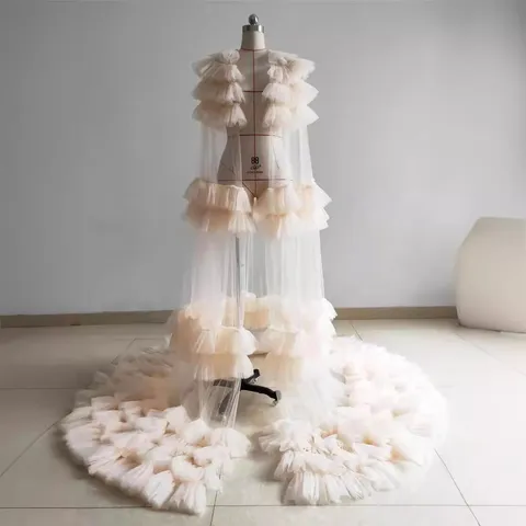 Women Mesh Ruffle Long Train Robe Sexy Maternity Photography Prop Bridal Morning Gown Solid Color Tulle Dress
