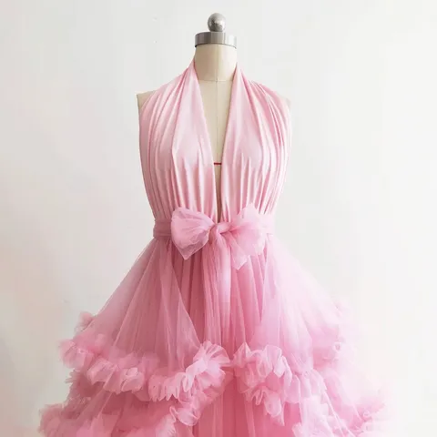 Luxurious Heavy Mesh Tulle Dress For Women Backless V-Neck Sexy Long Train Gown For Wedding Photography Pregnancy Robe