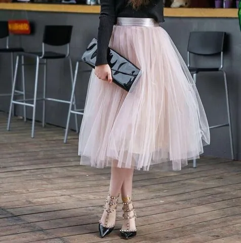 Women High Waist Tulle Pleated Midi Skirt Layered Mesh Tutu Skirt A-Line Elegant Solid Color Sweet Style Ladies Bottom