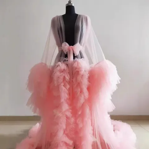 Women Mesh Tulle Maxi Dress Heavy Craft Ruffle Long Train Evening Gown Wedding Robe Maternity Photography Dress