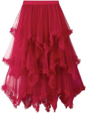 Dames Onregelmatige Mesh Tule Midi-rok Zoete Gelaagde Ruche Tuturok Hoge Taille Effen Kleur Casual Feeënrok