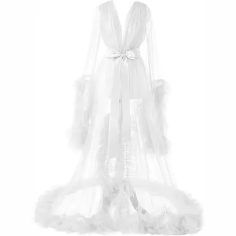 Women's V-Neck Mesh Robe Bridal Wedding Maxi Dress Long Sleeve Tie-up Feather Trim Sheer Long Robe Sleepwear Bridal Party Gown