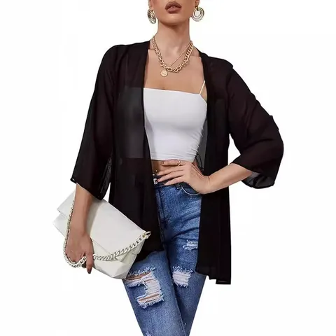 Women Elegant Chiffon Sun Protection Cardigan Polyester Loose Solid Color Thin V-Neck Top For Summer Casual Beach Vacation