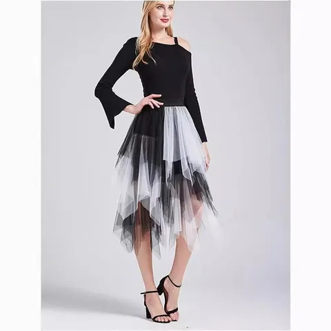Women Irregular Mesh Tulle Midi Skirt Fairy Multi Layered A-Line Ethnic Retro Bottom Elegant Party Skirt For Ladies