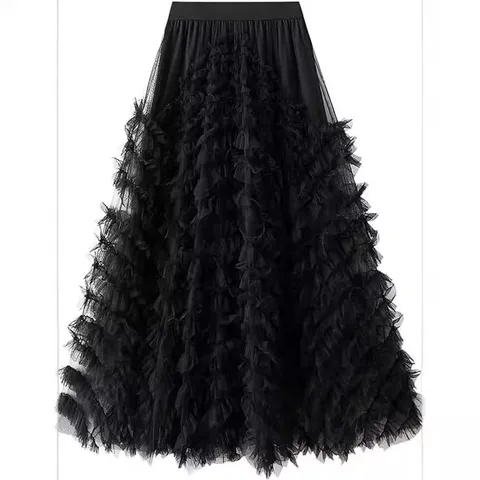 Vintage High Waist Gelaagde Gaas Cake Rok Voor Vrouwen Elegante Ruffle Tule Lange Maxi Rok Effen Kleur Prinsessenstijl