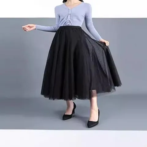 Women's Elegant Minimalist Polyester Mesh Long Skirt Panelled Flowy Double Layer A-Line Mid-Length Skirt For Daily Dating