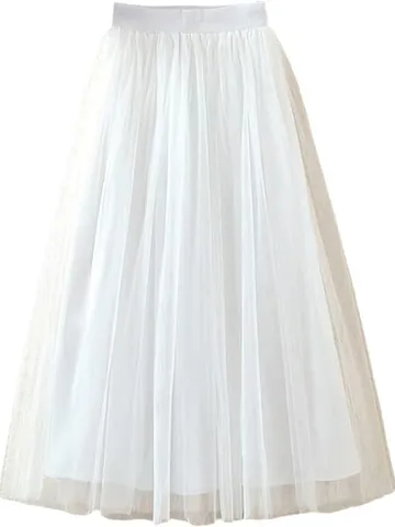 Women High Waist Tulle Midi Skirt Elegant Layered Mesh Puff A-Line Skirt Solid Color Soft Tutu Bottom For Commuting Daily Wear
