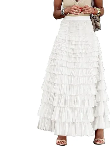 Women's Elegant Tiered Mesh A-line Midi Skirt Vintage High Waist Layered Tulle Cake Skirt For Daily Casual Party Dating Wear