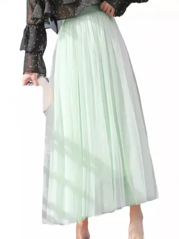 Women High Waist Tulle Midi Skirt Elegant Layered Mesh Puff A-Line Skirt Solid Color Soft Tutu Bottom For Commuting Daily Wear