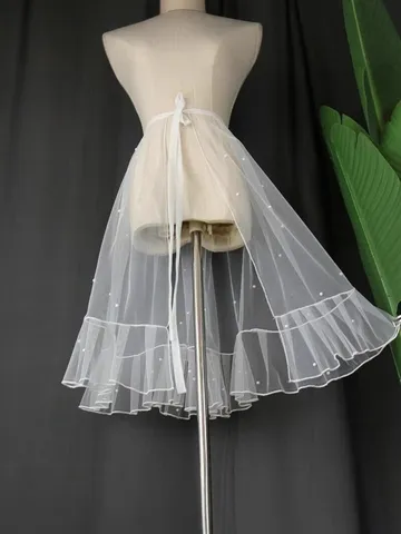 Women Pearl Mesh One-Piece Wrap Skirt Summer Lace-Up Mesh Short Skirt Elegant Artificial Pearl Ruffle Hem Beach Skirt