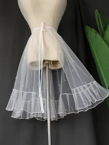 Women Pearl Mesh One-Piece Wrap Skirt Summer Lace-Up Mesh Short Skirt Elegant Artificial Pearl Ruffle Hem Beach Skirt