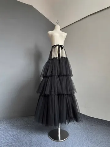 Women Elegant Multi-Layer Mesh Tutu Maxi Skirt High Waist Elastic Tulle Party Prom Princess Long Skirt For Ladies