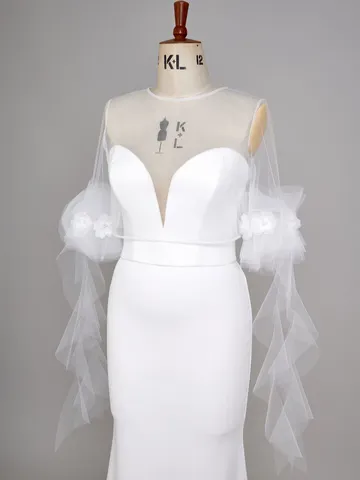 Women's Sheer Mesh Wedding Bolero Shrug Sweet 3D Floral Ruffled Sleeve Back Button Top Bridal Accessories For Photography Party