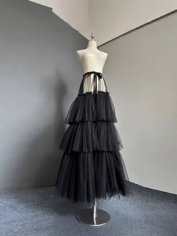 Women Elegant Multi-Layer Mesh Tutu Maxi Skirt High Waist Elastic Tulle Party Prom Princess Long Skirt For Ladies