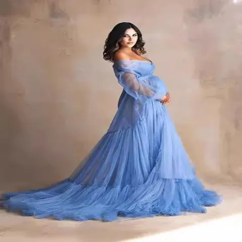Maternity Mesh Photography Gown Deep V Off Shoulder Long Sleeves Maternity Dress With Long Train For Studio Photo Shoot