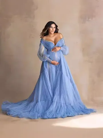 Maternity Mesh Photography Gown Deep V Off Shoulder Long Sleeves Maternity Dress With Long Train For Studio Photo Shoot