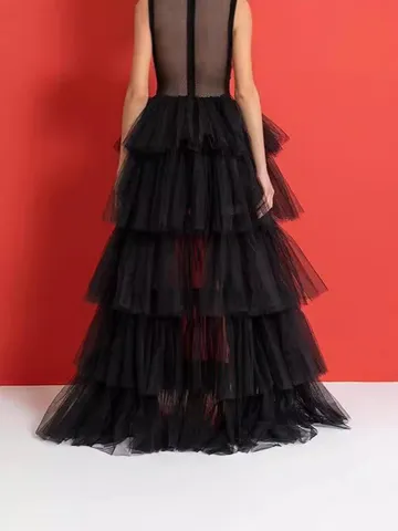 Damen Hohe Taille Mesh Tüll Stufenrock Einfarbig Mittellanger Mehrlagiger Rüschen A-Linie Lässiger Tüllrock