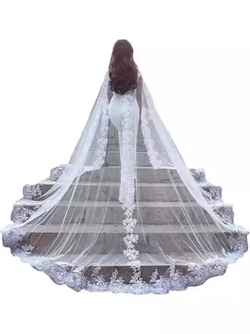 Élégant Manteau de Mariage en Maille Longueur Cathédrale Avec Bordure en Dentelle Cape de Mariée en Tulle Blanc pour Mariage