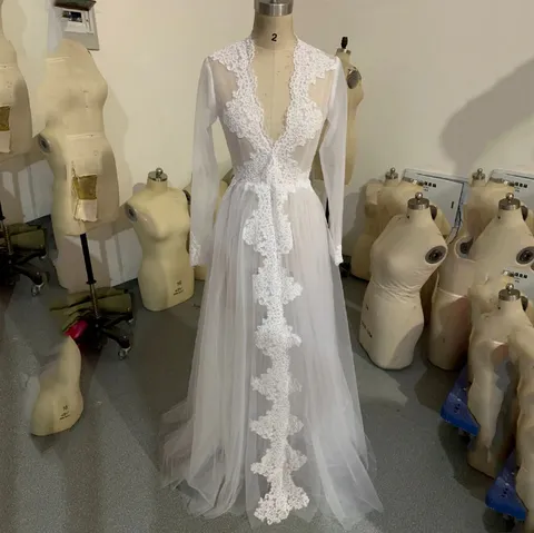 Damen Sexy Durchsichtiges Spitze Nachthemd Rückenfrei Tiefer V-Ausschnitt Langarm Dessous Set Verführerisches Mesh Nachtwäsche Set Dessous Für Valentinstag Hochzeit Flitterwochen