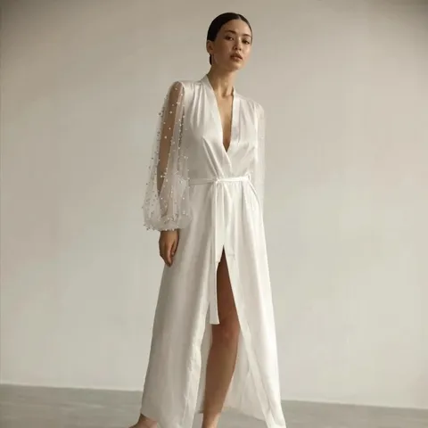 Women French Luxury V-Neck Long Sleeve Robe With Mesh Pearl Decoration Satin Polyester Bride Morning Robe Wedding Nightgown