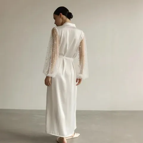 Women French Luxury V-Neck Long Sleeve Robe With Mesh Pearl Decoration Satin Polyester Bride Morning Robe Wedding Nightgown