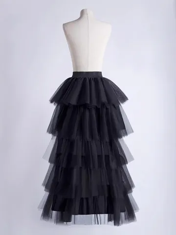 Women's Elegant Tiered Tulle Skirt High Waist Puffy Layered Mesh A-Line Midi Skirt For Travel Dance Party Solid Color Skirt