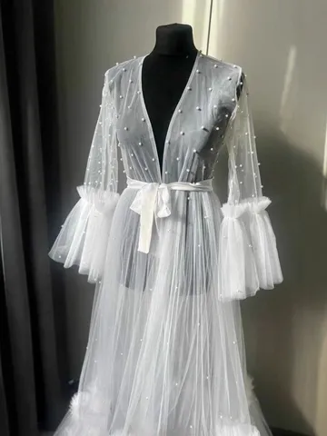Damen Perle Netz Bademantel Kleid Sexy Braut Nachtwäsche Mit Ärmeln Abendkleid V-Ausschnitt Langarm Tüll Bademantel Für Frauen