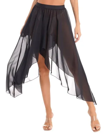 Women Vintage Irregular Chiffon Midi Skirt High Waist Flowy Dance Performance Apparel Solid Color Breathable Summer Skirt Elegant Bottoms