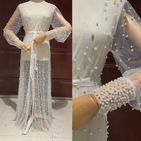Elegante Vestaglia da Sposa in Rete con Perle Artificiali Sexy Camicia da Notte Lunga in Pizzo Trasparente Abito da Sera con Maniche in Poliestere per Donna