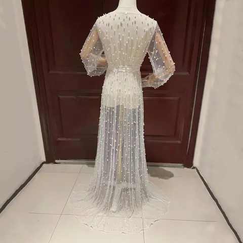 Elegante Vestaglia da Sposa in Rete con Perle Artificiali Sexy Camicia da Notte Lunga in Pizzo Trasparente Abito da Sera con Maniche in Poliestere per Donna