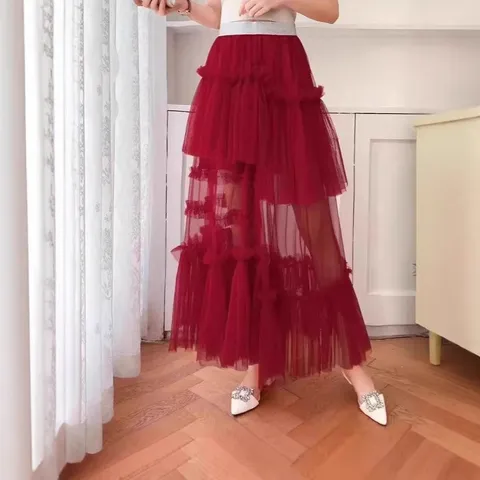 Dames Onregelmatige Mesh Patchwork Gelaagde Rok Minimalistisch Effen Kleur Cake Rok Mode Casual Onderstukken Voor Dames