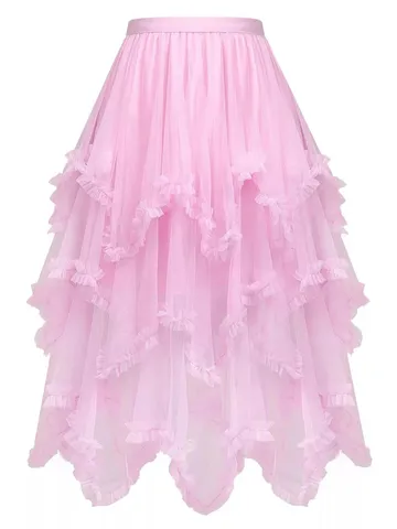 Women High Waist Tiered Mesh Skirt Fairy Fluffy Irregular Tulle Skirt With Ruffle Edge Mid Length A-Line Bottom Skirt