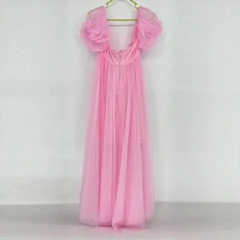 Women Elegant Off-the-Shoulder Mesh Maxi Dress Puff Sleeve Big Swing Tulle Evening Party Gown Wedding Dress Pink Black White Polyester Dresses
