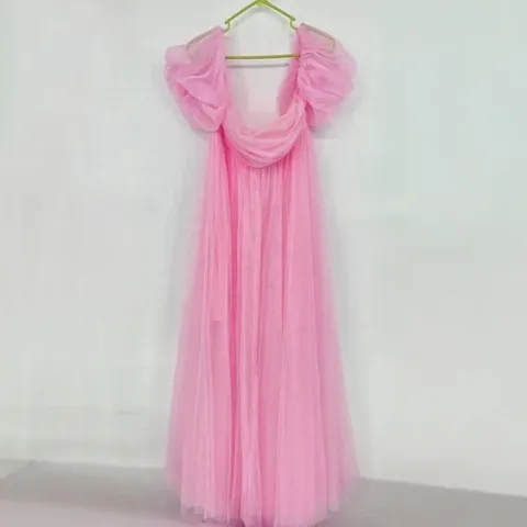 Women Elegant Off-the-Shoulder Mesh Maxi Dress Puff Sleeve Big Swing Tulle Evening Party Gown Wedding Dress Pink Black White Polyester Dresses
