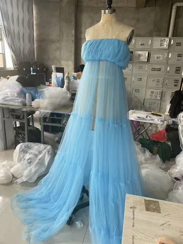 French Style Off-Shoulder Tulle Maternity Dress Solid Color Ruched Mesh Tiered Long Gown For Photography Women Apparel