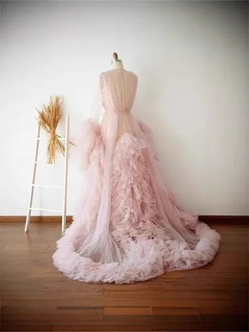 Women's Elegant Bridal Mesh Cape Long Sleeve Trailing Wedding Cloak Deep V-Neck Ruffle Sleeve Floor Length Evening Dress Shawl