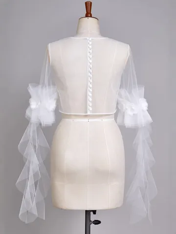 Women's Sheer Mesh Wedding Bolero Shrug Sweet 3D Floral Ruffled Sleeve Back Button Top Bridal Accessories For Photography Party