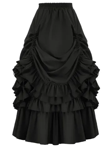 Women's Gothic Victorian Vintage Layered Ruffle Skirt Renaissance Steampunk High Waist Ruched Midi Tiered A-Line Skirt