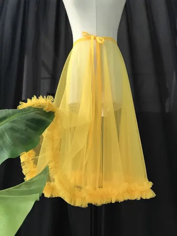 Women Elegant High Waist Mesh Midi Skirt Ruffle Hem Solid Color Big Swing Tulle Skirt For Daily Party Retro Fairy Style Bottom
