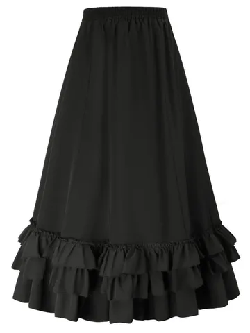 Women's Gothic Victorian Vintage Layered Ruffle Skirt Renaissance Steampunk High Waist Ruched Midi Tiered A-Line Skirt