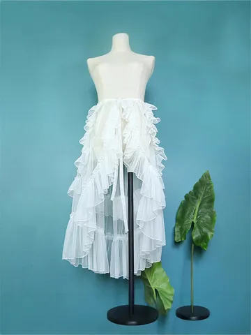 French Style Ruffle Mesh Midi Skirt Sweet Fairy Irregular Hem Solid Color Polyester Layering Wrap Skirt For Women