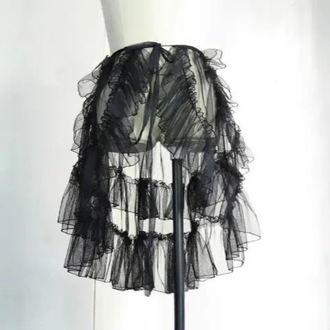 French Style Ruffle Mesh Midi Skirt Sweet Fairy Irregular Hem Solid Color Polyester Layering Wrap Skirt For Women