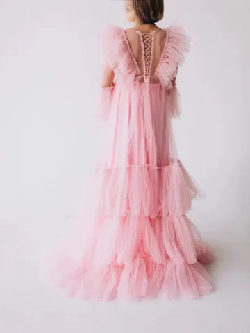 Dames Diepe V-hals Zwangerschapsjurk Mesh Sexy Sheer Lange Ruffle Fotografie Jurk Elegante Roze Witte Formele Feestjurk
