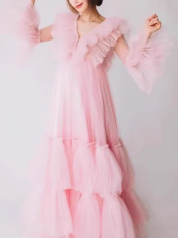 Dames Diepe V-hals Zwangerschapsjurk Mesh Sexy Sheer Lange Ruffle Fotografie Jurk Elegante Roze Witte Formele Feestjurk