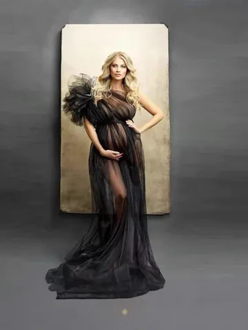 Vestido de Maternidad de Malla para Fotografía Un Hombro Flor 3D Vestido de Sesión de Fotos de Boda Largo de Tul para Mujer