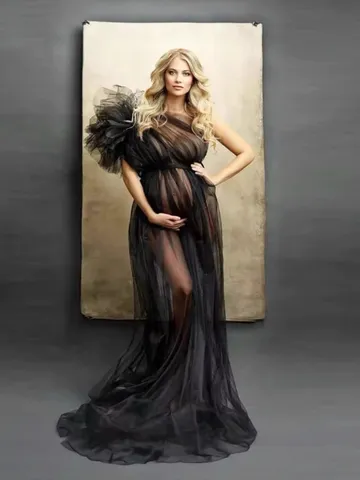 Vestido de Maternidad de Malla para Fotografía Un Hombro Flor 3D Vestido de Sesión de Fotos de Boda Largo de Tul para Mujer