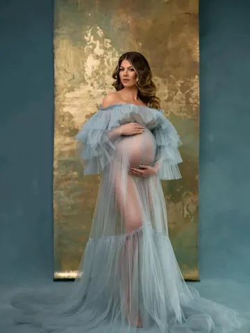 Elegant Maternity Photography Dress Off Shoulder Mesh Tulle Gown With Ruffle Sleeves Wedding Photo Shoot Maxi Long Dress For Women Pregnancy
