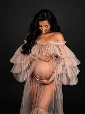 Elegant Maternity Photography Dress Off Shoulder Mesh Tulle Gown With Ruffle Sleeves Wedding Photo Shoot Maxi Long Dress For Women Pregnancy