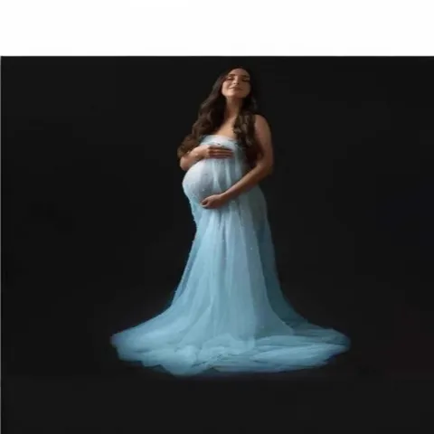 Elegant Maternity Photography Dress Beaded Mesh Tulle Off-The-Shoulder Long Maxi Gown For Pregnant Women Photo Shoot Studio Clothing